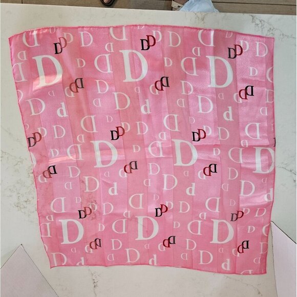 Pink Satin Scarf Monogram "D" Print Square 20" X 20" Elegant Feminine - Picture 2 of 6